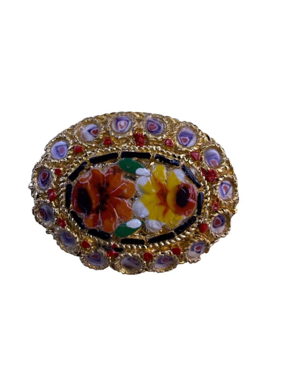 Italian Micro Mosaic Gold Tone Brooch Floral Design Oval Shape Various Metal